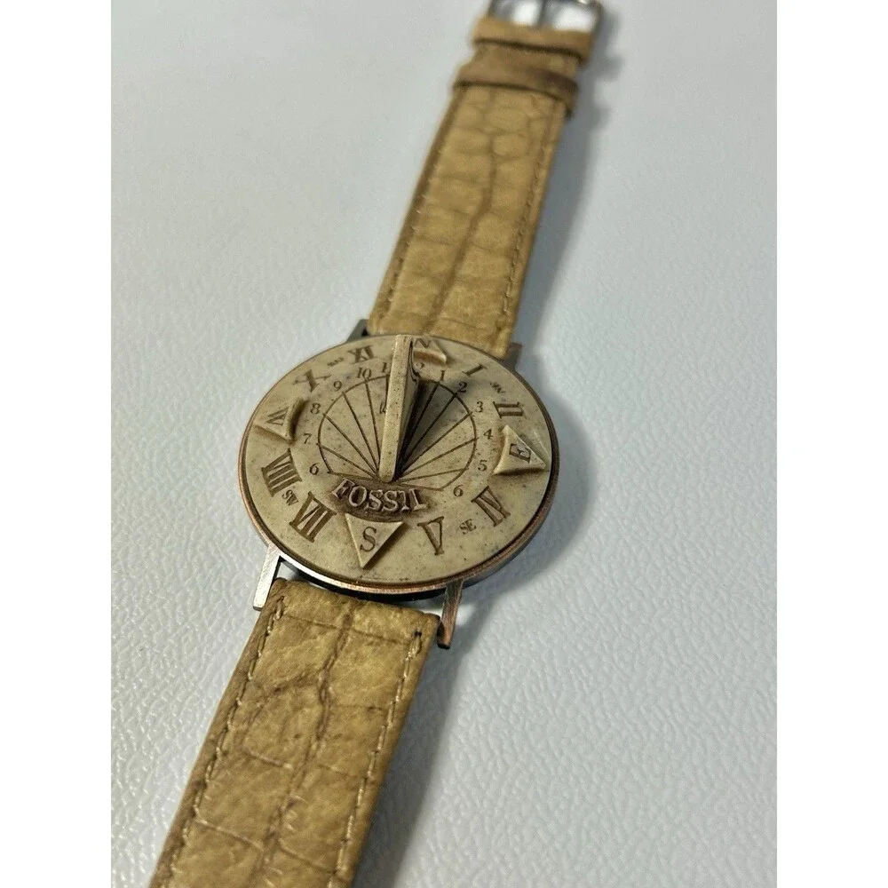 Vintage Sundial Fossil Brown Leather Analog Watch Novelty Wristwatch